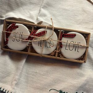 Rae Dunn White Ceramic Holiday Ornaments Joy Peace Love with Red Ribbon